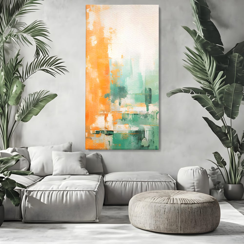 Tablou canvas cu pictura abstracta cu portocaliu si turcoaz, fara rama, pe sasiu de lemn, pe perete intr-un living
